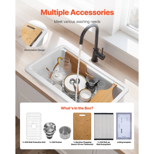 VEVOR 33x19 inch Farmhouse Sink, White Sink Workstation, Fireclay Topmount Undermount Basin, Drop-In Single Bowl Basin with Multiple Accessories,