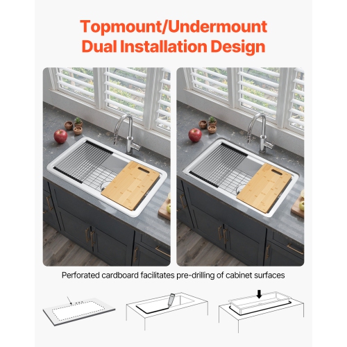 VEVOR 33x19 inch Farmhouse Sink, White Sink Workstation, Fireclay Topmount Undermount Basin, Drop-In Single Bowl Basin with Multiple Accessories,