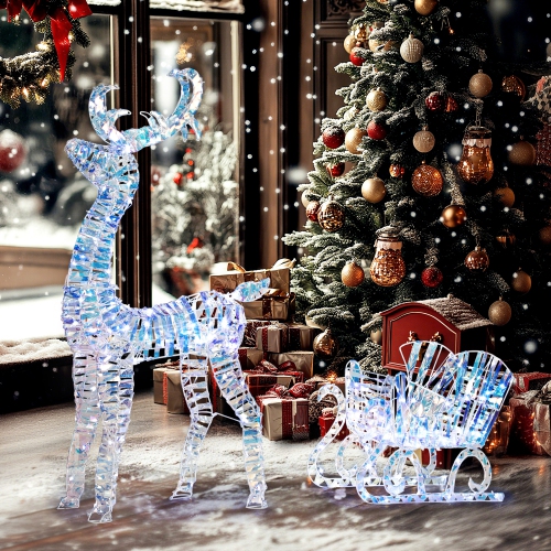 Outsunny Lighted Christmas Reindeer with Sleigh, Outdoor Yard Reindeer with 170 Warm White LED Lights, Holiday Decor with Stakes, IP44 Waterproof,