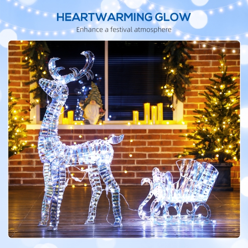 Outsunny Lighted Christmas Reindeer with Sleigh, Outdoor Yard Reindeer with 170 Warm White LED Lights, Holiday Decor with Stakes, IP44 Waterproof,