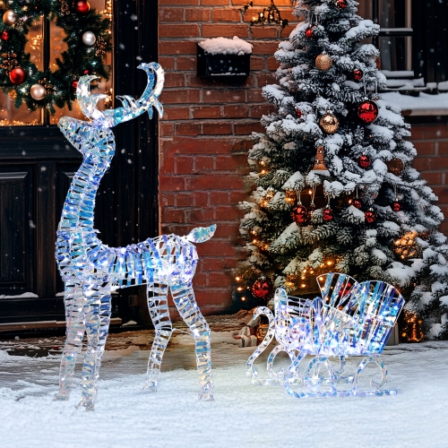 Outsunny Lighted Christmas Reindeer with Sleigh, Outdoor Yard Reindeer with 170 Warm White LED Lights, Holiday Decor with Stakes, IP44 Waterproof,