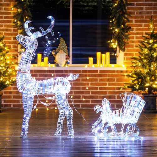 Outsunny Lighted Christmas Reindeer with Sleigh, Outdoor Yard Reindeer with 170 Warm White LED Lights, Holiday Decor with Stakes, IP44 Waterproof,