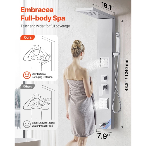 VEVOR Shower Panel Tower System with Rainfall Waterfall Shower Head, 53 in Brushed Stainless Steel Shower Column, 5-Function Faucet, Wall-Mount Rain