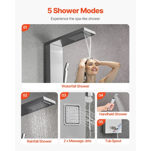 VEVOR Shower Panel Tower System with Rainfall Waterfall Shower Head, 53 in Brushed Stainless Steel Shower Column, 5-Function Faucet, Wall-Mount Rain