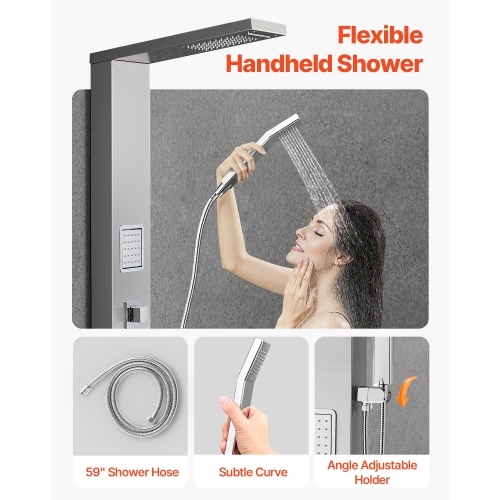 VEVOR Shower Panel Tower System with Rainfall Waterfall Shower Head, 53 in Brushed Stainless Steel Shower Column, 5-Function Faucet, Wall-Mount Rain