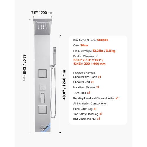 VEVOR Shower Panel Tower System with Rainfall Waterfall Shower Head, 53 in Brushed Stainless Steel Shower Column, 5-Function Faucet, Wall-Mount Rain