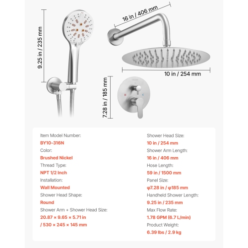 VEVOR Shower Faucet Set, Rainfall Bathroom Shower System with 10-Inch Round Rain Shower Head and Handheld Spray, Wall Mounted Bath Fixtures with
