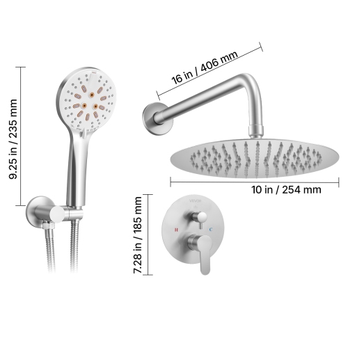 VEVOR Shower Faucet Set, Rainfall Bathroom Shower System with 10-Inch Round Rain Shower Head and Handheld Spray, Wall Mounted Bath Fixtures with