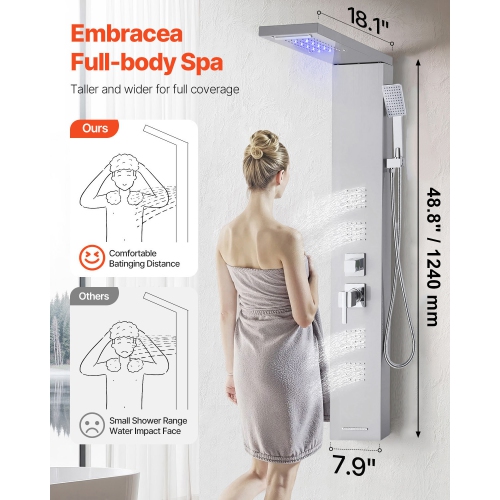 VEVOR Shower Panel Tower System with Rainfall Waterfall Shower Head, LED,53 in Brushed Stainless Steel Shower Column,5-Function Faucet, Wall-Mount