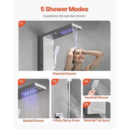 VEVOR Shower Panel Tower System with Rainfall Waterfall Shower Head, LED,53 in Brushed Stainless Steel Shower Column,5-Function Faucet, Wall-Mount