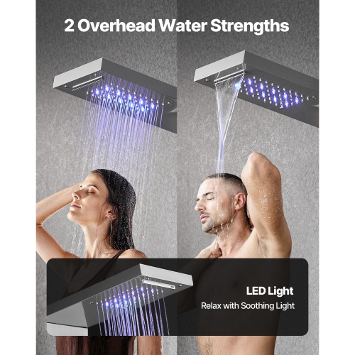 VEVOR Shower Panel Tower System with Rainfall Waterfall Shower Head, LED,53 in Brushed Stainless Steel Shower Column,5-Function Faucet, Wall-Mount