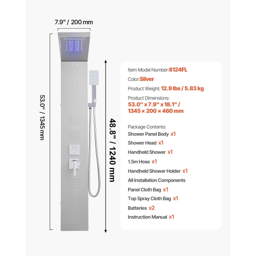 VEVOR Shower Panel Tower System with Rainfall Waterfall Shower Head, LED,53 in Brushed Stainless Steel Shower Column,5-Function Faucet, Wall-Mount