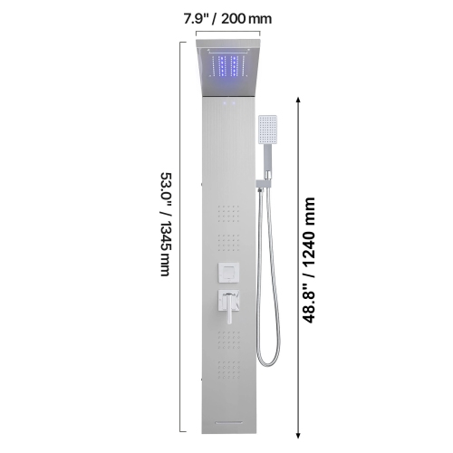 VEVOR Shower Panel Tower System with Rainfall Waterfall Shower Head, LED,53 in Brushed Stainless Steel Shower Column,5-Function Faucet, Wall-Mount