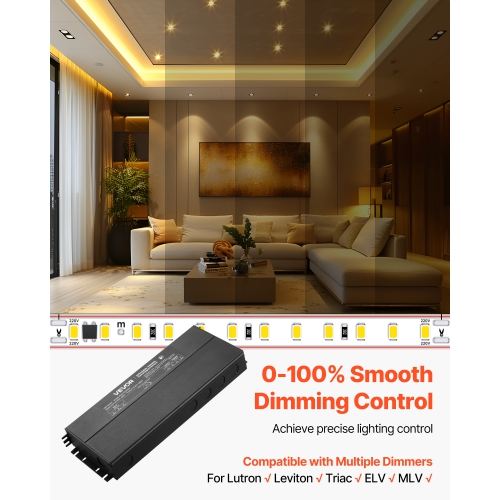 VEVOR 24V 288W Dimmable LED Driver,Triac/ELV/MLV AC to DC Power Supply Transformer for LED Strip Light, Smooth Flicker-Free Dimming,Compatible with