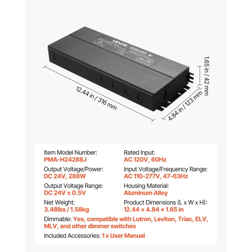VEVOR 24V 288W Dimmable LED Driver,Triac/ELV/MLV AC to DC Power Supply Transformer for LED Strip Light, Smooth Flicker-Free Dimming,Compatible with
