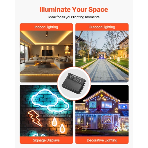 VEVOR 60W 12V Dimmable LED Driver, Triac/ELV/MLV AC to DC Power Supply Transformer,Flicker-Free Dimming, Constant Voltage, Compatible with Lutron and