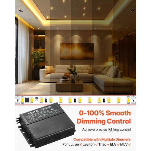VEVOR 60W 12V Dimmable LED Driver, Triac/ELV/MLV AC to DC Power Supply Transformer,Flicker-Free Dimming, Constant Voltage, Compatible with Lutron and