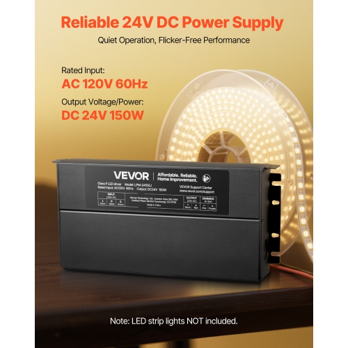 VEVOR 24V 150W Dimmable LED Driver,Triac/ELV/MLV AC to DC Power Supply Transformer for LED Strip Light, Smooth Flicker-Free Dimming,Compatible with