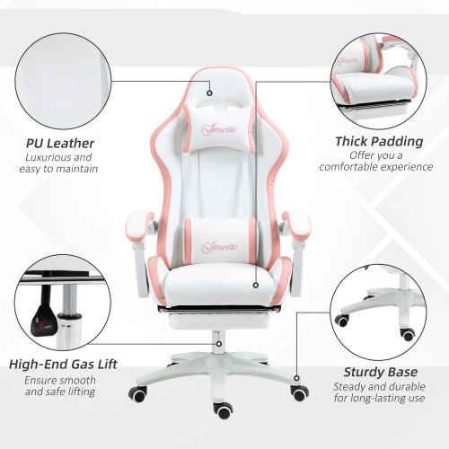 Fauteuil de jeu Vinsetto, fauteuil de bureau en similicuir en polyuréthane avec repose-pieds, roulettes pivotantes, dossier inclinable à 135°,