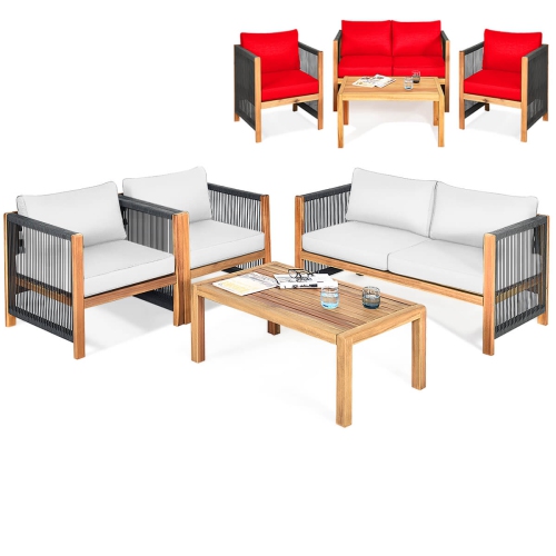 Ensemble de meubles de jardin en bois 4 PCS avec coussins blancs et rouges de Costway – Blanc + rouge/turquoise