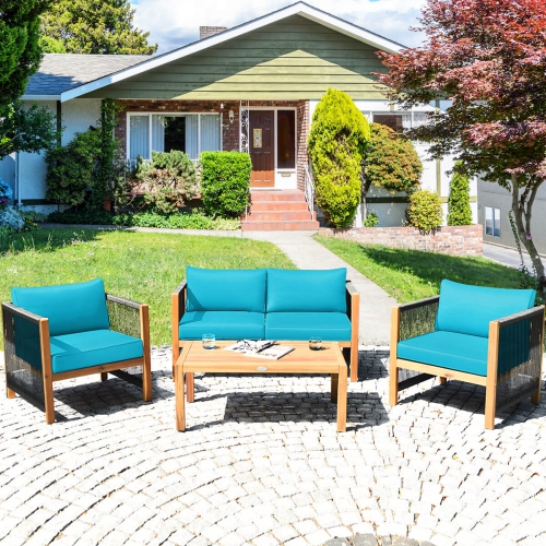 Ensemble de meubles de jardin en bois 8 PCS avec coussins blancs et rouges de Costway – Blanc + rouge/turquoise