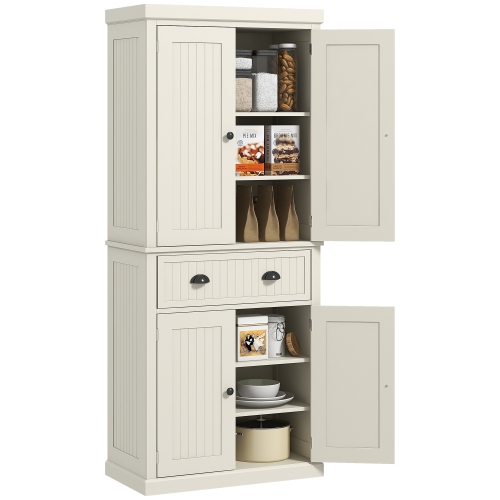 HOMCOM 72" Tall Kitchen Pantry Cabinet, Modern Buffet Storage Cabinet with 4 Beadboard Doors, Drawer and Adjustable Shelves, Cream White
