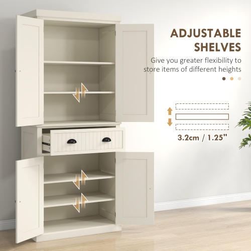 HOMCOM 72" Tall Kitchen Pantry Cabinet, Modern Buffet Storage Cabinet with 4 Beadboard Doors, Drawer and Adjustable Shelves, Cream White