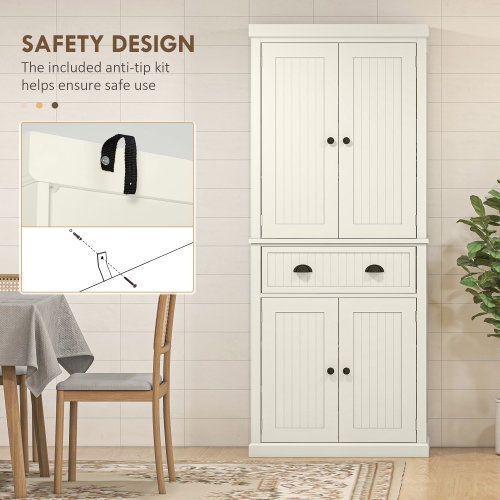 HOMCOM 72" Tall Kitchen Pantry Cabinet, Modern Buffet Storage Cabinet with 4 Beadboard Doors, Drawer and Adjustable Shelves, Cream White