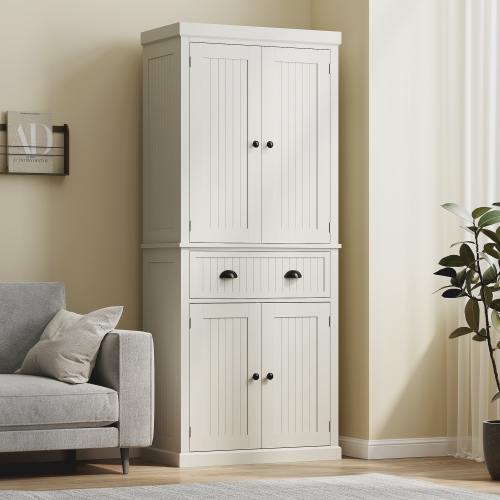 HOMCOM 72" Tall Kitchen Pantry Cabinet, Modern Buffet Storage Cabinet with 4 Beadboard Doors, Drawer and Adjustable Shelves, Cream White