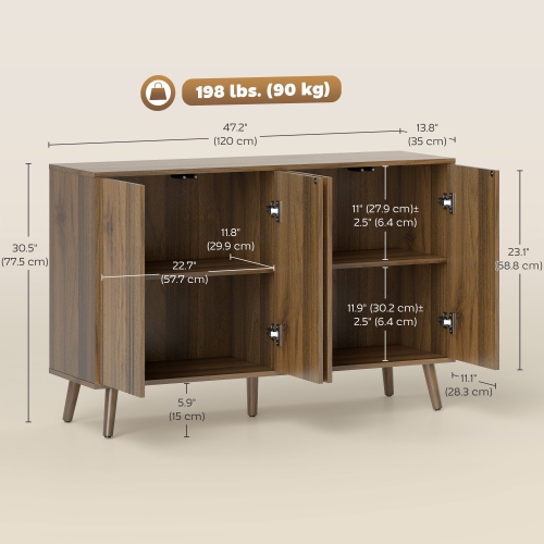 HOMCOM – Buffet de 47&nbsp;po avec rangement, armoire basse moderne cannelée avec tablettes ajustables et pattes en bois, crédence de cuisine, brun