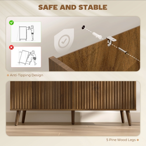 HOMCOM – Buffet de 47&nbsp;po avec rangement, armoire basse moderne cannelée avec tablettes ajustables et pattes en bois, crédence de cuisine, brun
