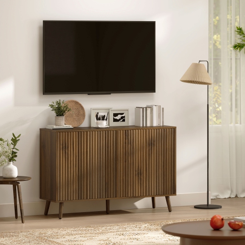 HOMCOM – Buffet de 47&nbsp;po avec rangement, armoire basse moderne cannelée avec tablettes ajustables et pattes en bois, crédence de cuisine, brun