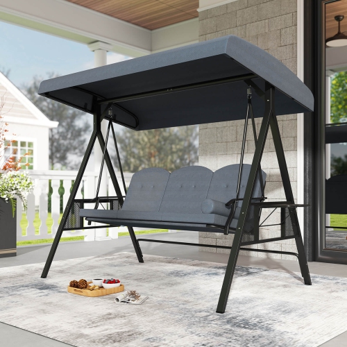 Costway 3-Seat Patio Swing Chair with Adjustable Canopy Thickened Cushions Pillow Navy/Gray