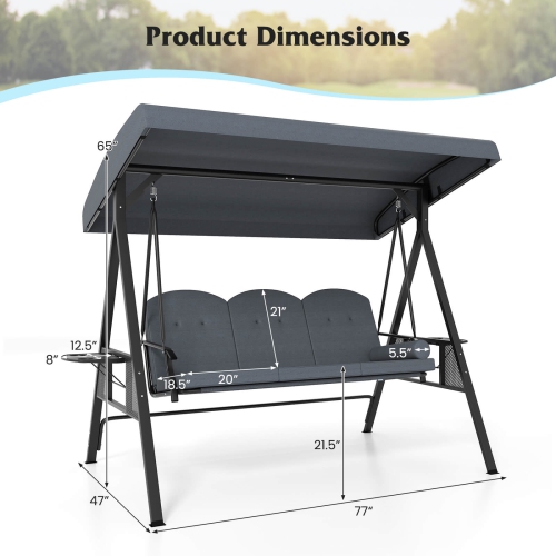 Costway 3-Seat Patio Swing Chair with Adjustable Canopy Thickened Cushions Pillow Navy/Gray