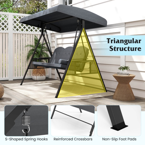 Costway 3-Seat Patio Swing Chair with Adjustable Canopy Thickened Cushions Pillow Navy/Gray