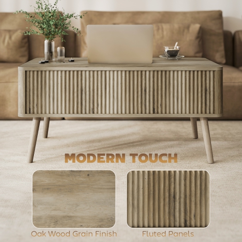 HOMCOM Lift Top Coffee Table with Storage, Modern Rectangle Center Table with Hidden Compartments and Pine Wood Legs for Living Room, Oak