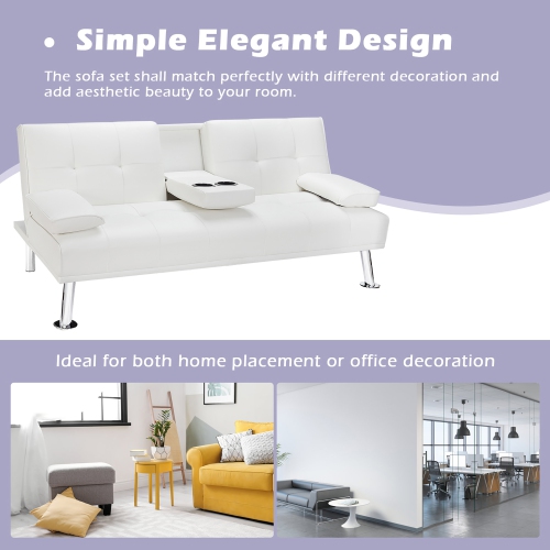 Costway Faux Leather Convertible Sectional Sofa Bed, Morden Folding Convertible Futon w/Cup Holders & Armrests Black, Multifunctional Upholstered