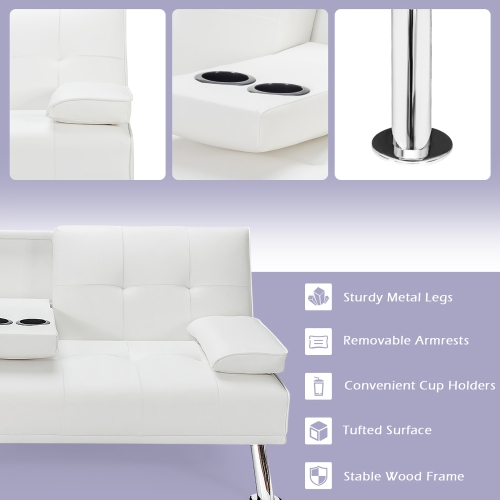 Costway Faux Leather Convertible Sectional Sofa Bed, Morden Folding Convertible Futon w/Cup Holders & Armrests Black, Multifunctional Upholstered