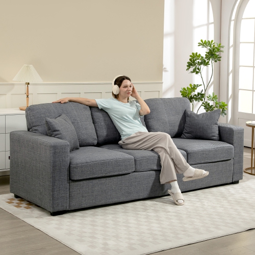 HOMCOM 3 Seater Sofa, 93" Modern Upholstered Linen-Look Couch with Deep Seat, Thick Padded and 2 Throw Pillows for Living Room, Bedroom, Home Office,