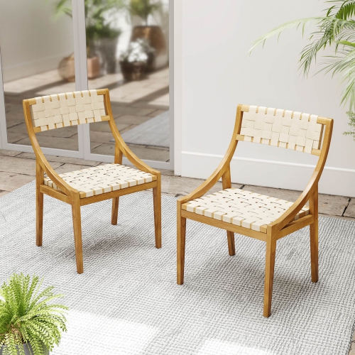 Costway 1/2/4 PCS Outdoor Dining Chair Teak Wood Armless Patio Chair with Webbing Seat & Backrest