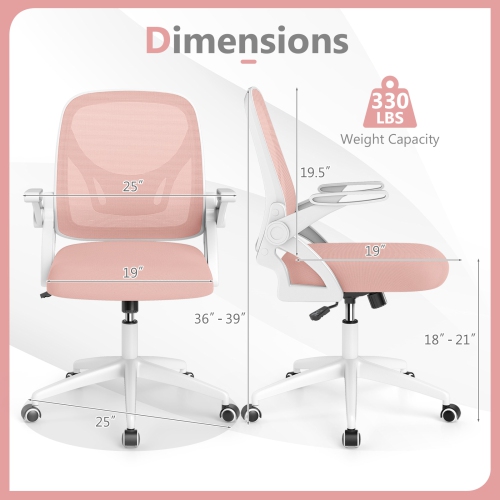 Costway Mesh Office Chair with Lumbar Support & Flip-up Arms Rolling Casters for Work Pink/Navy/Black/Gray/Green/Beige