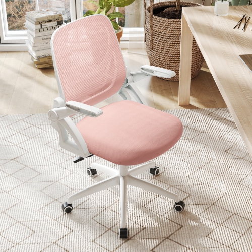 Costway Mesh Office Chair with Lumbar Support & Flip-up Arms Rolling Casters for Work Pink/Navy/Black/Gray/Green/Beige