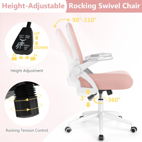Costway Mesh Office Chair with Lumbar Support & Flip-up Arms Rolling Casters for Work Pink/Navy/Black/Gray/Green/Beige
