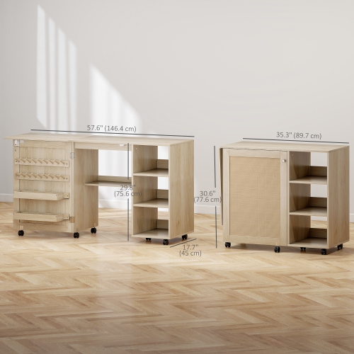 HOMCOM Folding Sewing Table with Drop Leaf, Rolling Craft Table with Rattan Door, Storage Shelves, Bins, Pegs, Lockable Wheels, Sewing Machine