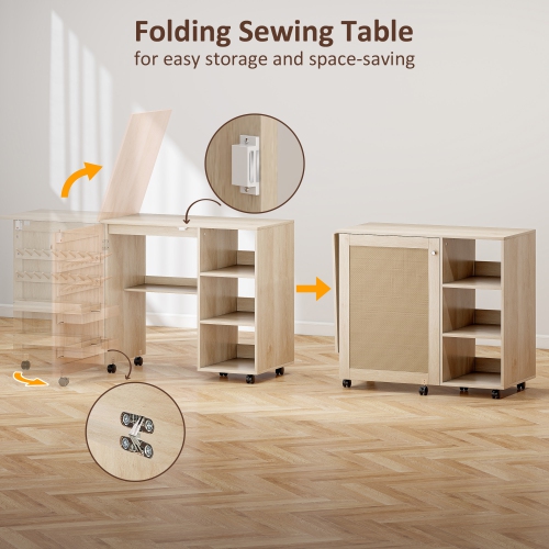 HOMCOM Folding Sewing Table with Drop Leaf, Rolling Craft Table with Rattan Door, Storage Shelves, Bins, Pegs, Lockable Wheels, Sewing Machine
