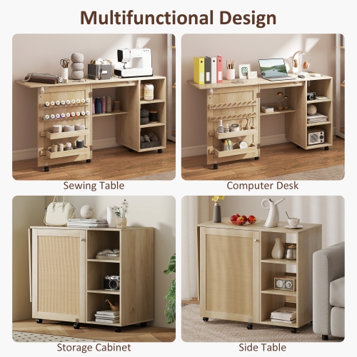 HOMCOM Folding Sewing Table with Drop Leaf, Rolling Craft Table with Rattan Door, Storage Shelves, Bins, Pegs, Lockable Wheels, Sewing Machine