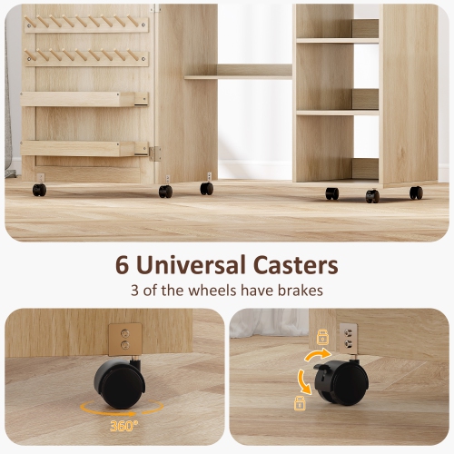 HOMCOM Folding Sewing Table with Drop Leaf, Rolling Craft Table with Rattan Door, Storage Shelves, Bins, Pegs, Lockable Wheels, Sewing Machine