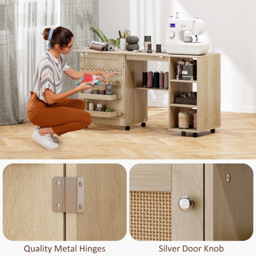 HOMCOM Folding Sewing Table with Drop Leaf, Rolling Craft Table with Rattan Door, Storage Shelves, Bins, Pegs, Lockable Wheels, Sewing Machine