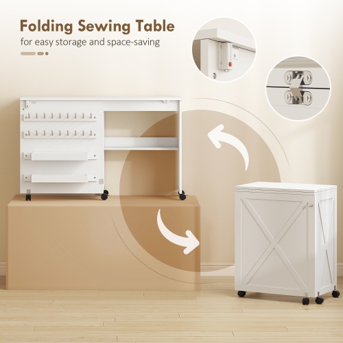HOMCOM Folding Sewing Table, Rolling Craft Table with Magnetic Barn Door, 2 Bins, Storage Shelf, 18 Pegs, Lockable Wheels, Sewing Machine Cabinet for