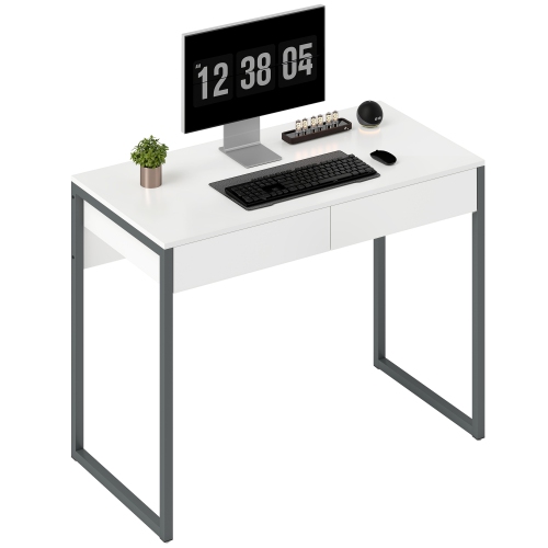HOMCOM High Gloss Computer Desk with 2 Drawers, 39" x 20" Home Office Desk for Small Spaces, Modern Study Writing Table with Steel Legs, White and